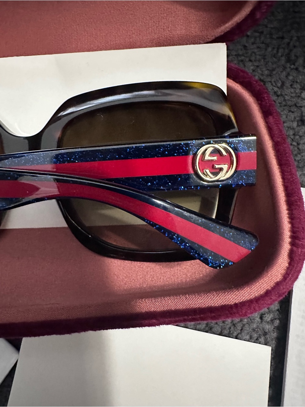 Gucci Blue Glitter and Red Stripe Oversized Women's Sunglasses